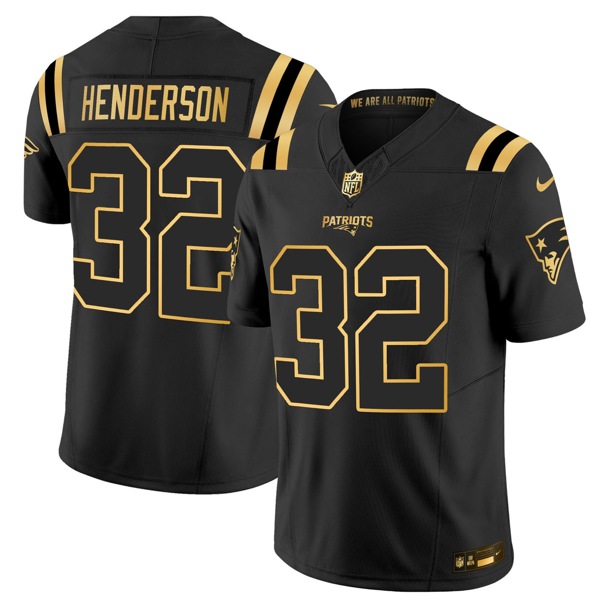 Men's New England Patriots 2025 Gold Vapor Limited Jersey - All Stitched - Black Gold - TreVeyon Henderson — view 1