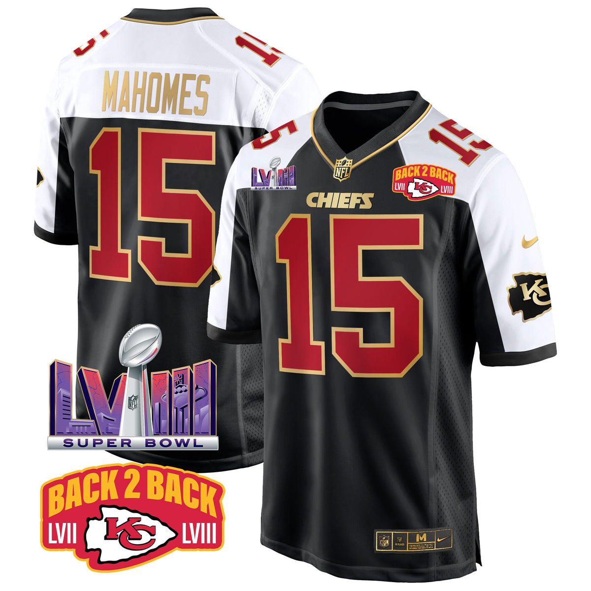 Men's Chiefs Super Bowl LVIII & Back 2 Back Patch Game Jersey - All Stitched - Black Alternate - Patrick Mahomes — view 1