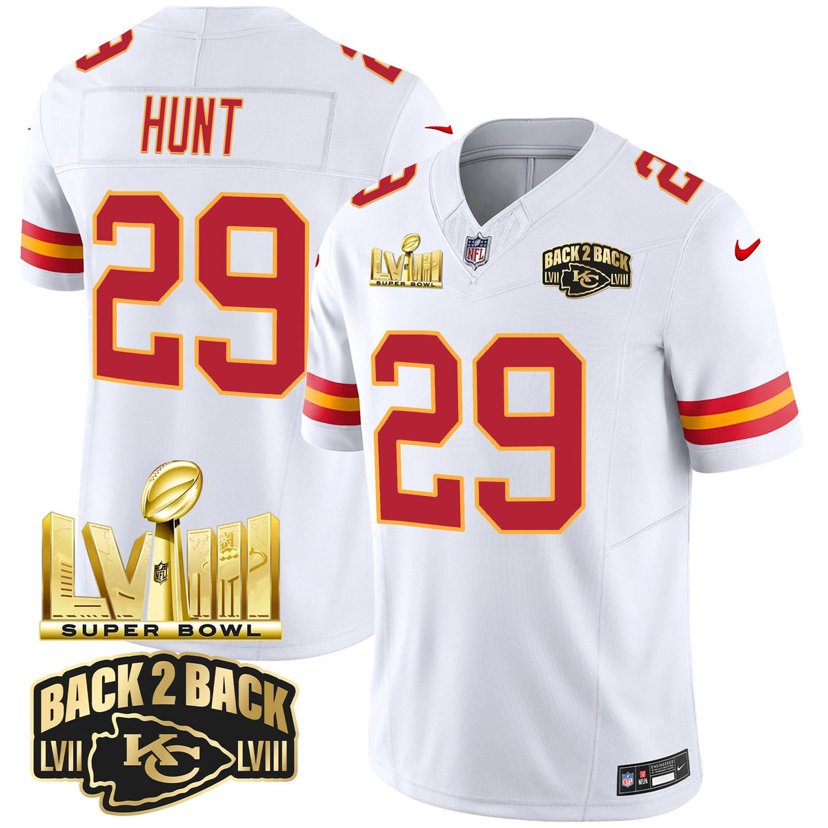 Men's Chiefs Super Bowl LVIII & Back 2 Back Gold Patch Vapor Jersey - All Stitched - White - Kareem Hunt — view 1