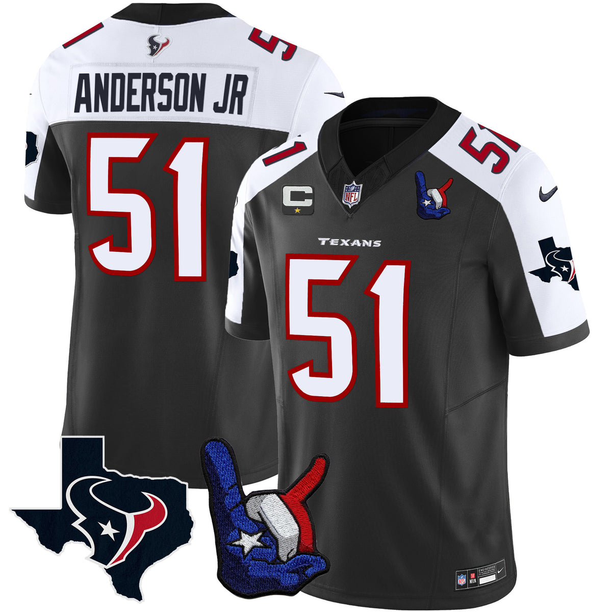 Men's Houston Texans Hand Sign Throwing Up The H Vapor Jersey - All Stitched - Black Alternate - Will Anderson Jr ~5701161 — view 1