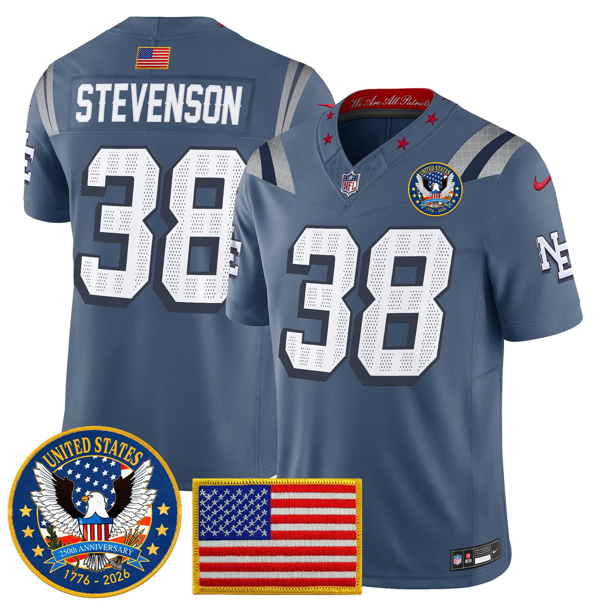 Men's New England Patriots United States 250th Anniversary Patch Vapor Limited Jersey - All Stitched - Storm Blue - Rhamondre Stevenson — view 1