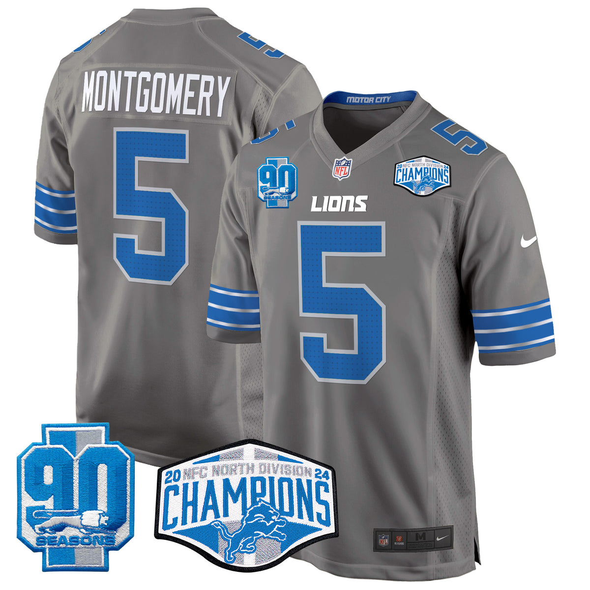 Men's Detroit Lions 2024 NFC North Division Champions Patch Game Jersey - All Stitched - Gray - David Montgomery — view 1