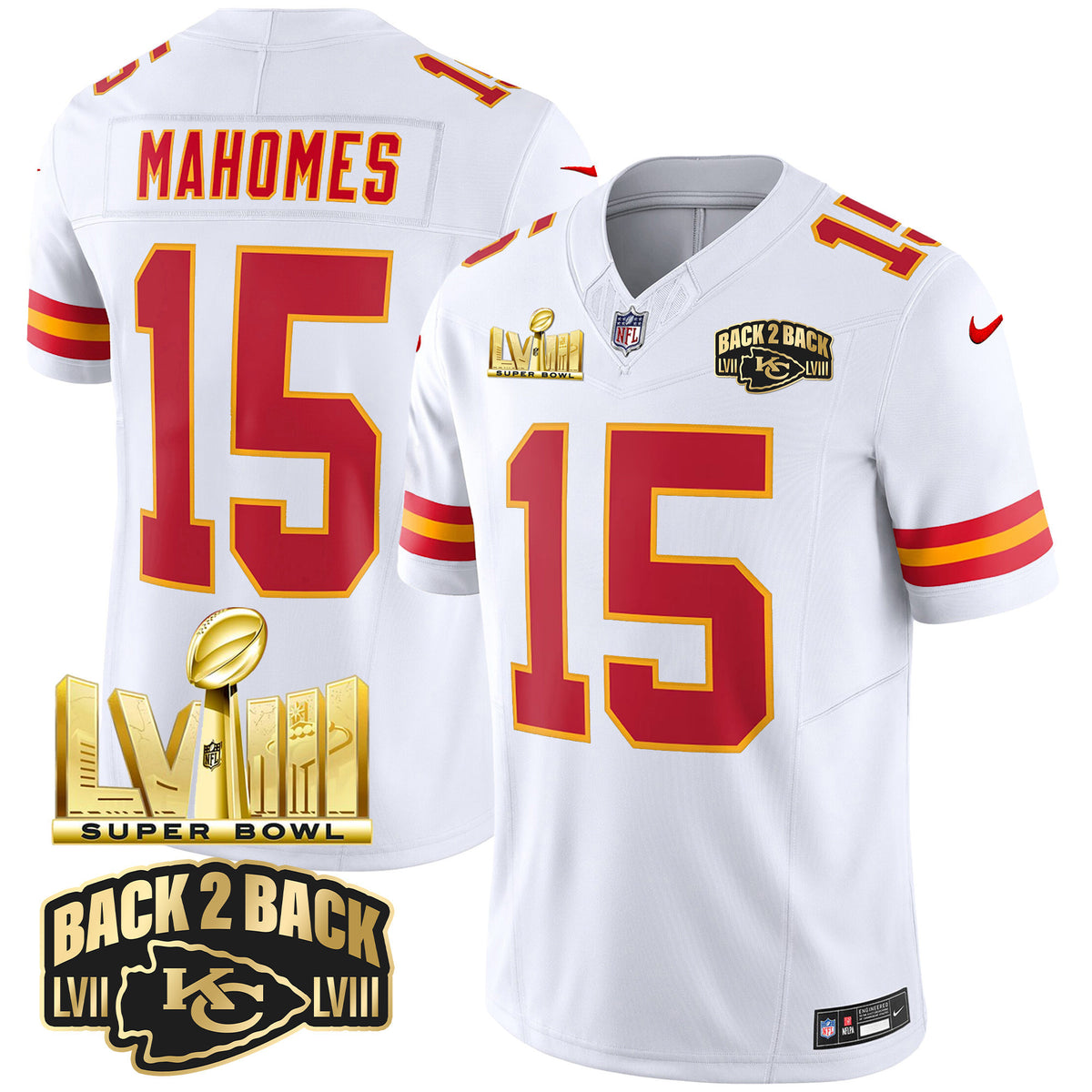 Men's Chiefs Super Bowl LVIII & Back 2 Back Gold Patch Vapor Jersey - All Stitched - White - Patrick Mahomes — view 1