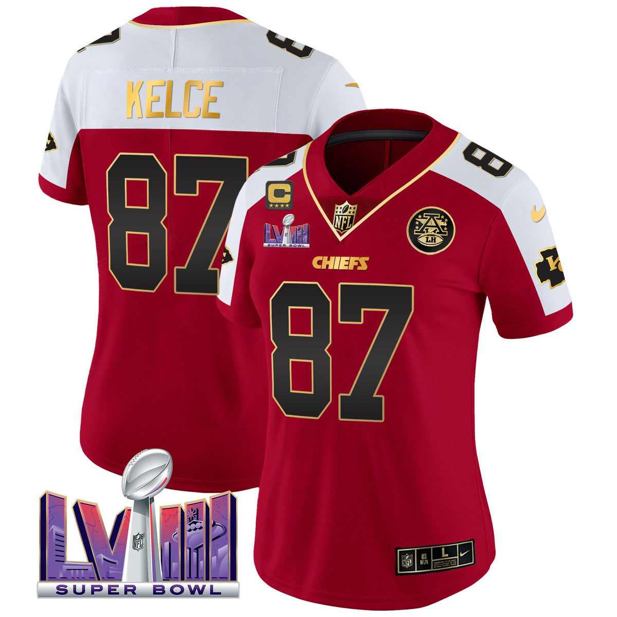 Women's Chiefs Super Bowl LVIII Patch Vapor Jersey - All Stitched - Red Alternate - Travis Kelce — view 1