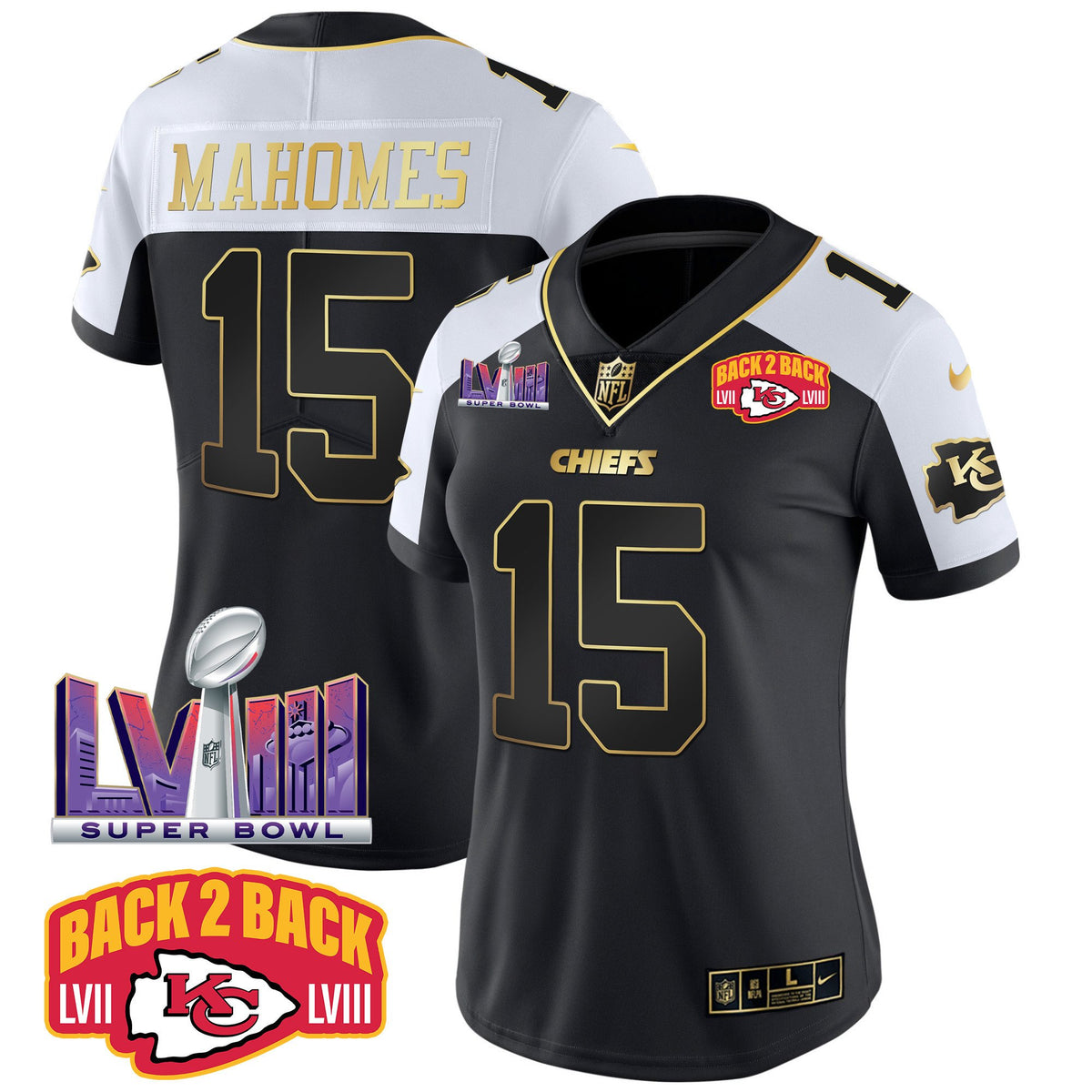 Women's Chiefs Super Bowl LVIII & Back 2 Back Patch Vapor Jersey V2 - All Stitched - Alternate - Patrick Mahomes — view 1