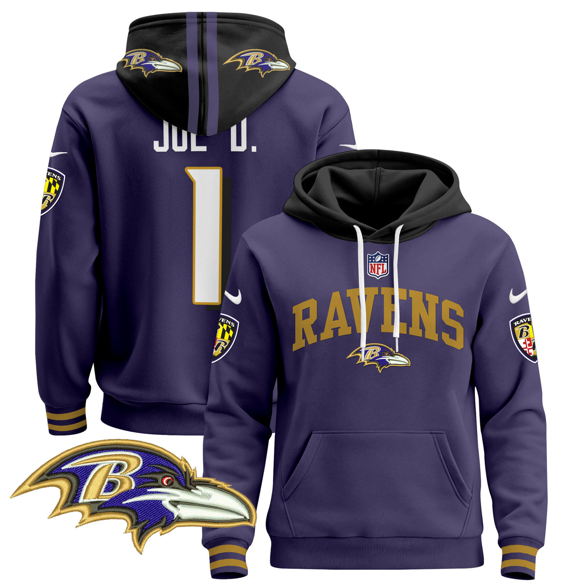 Men's Baltimore Ravens 2024 Pullover Hoodie V2 - All Stitched - Purple - Joe D — view 1