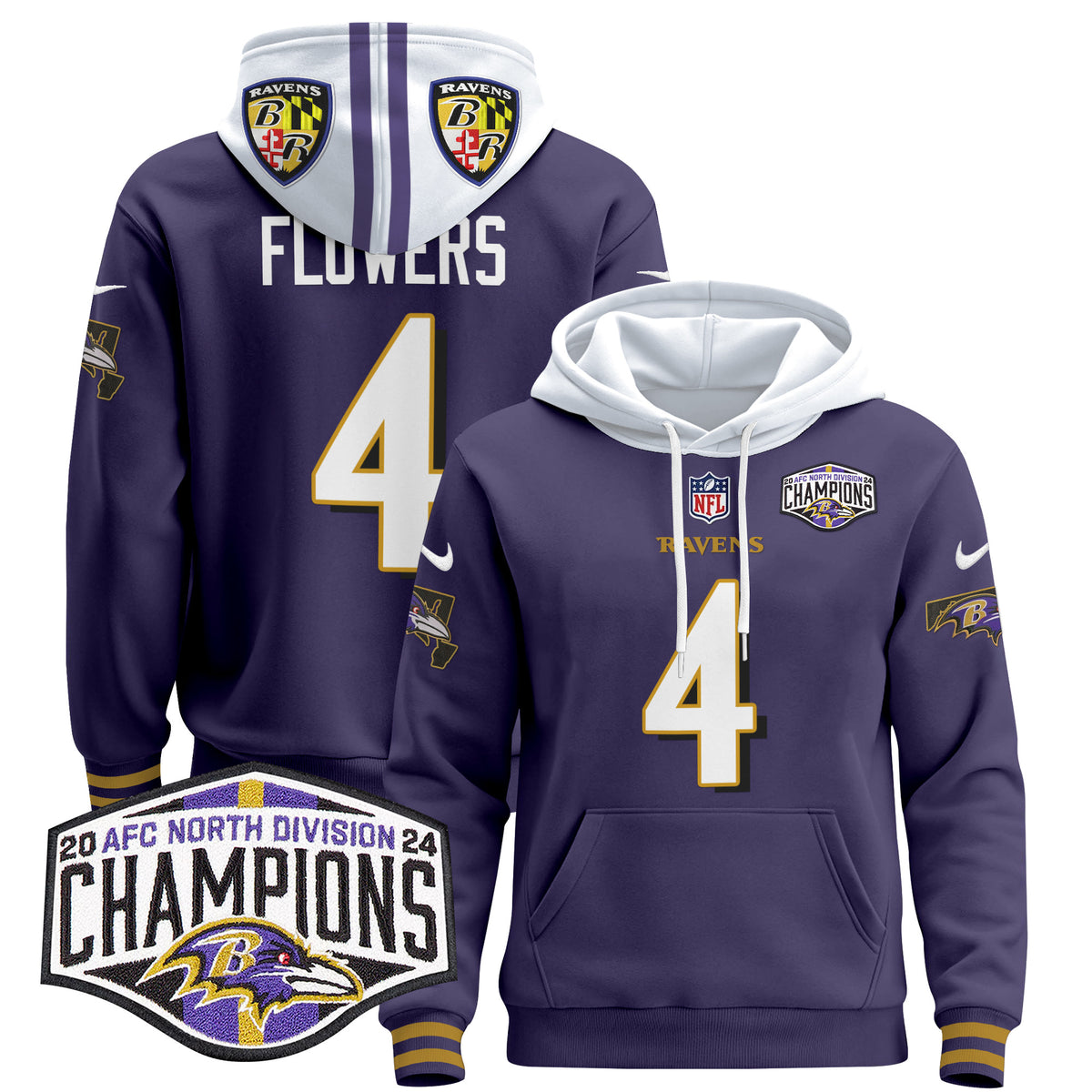 Men's Baltimore Ravens 2024 AFC North Division Champions Patch Pullover Hoodie V2 - All Stitched - Purple - Zay Flowers — view 1