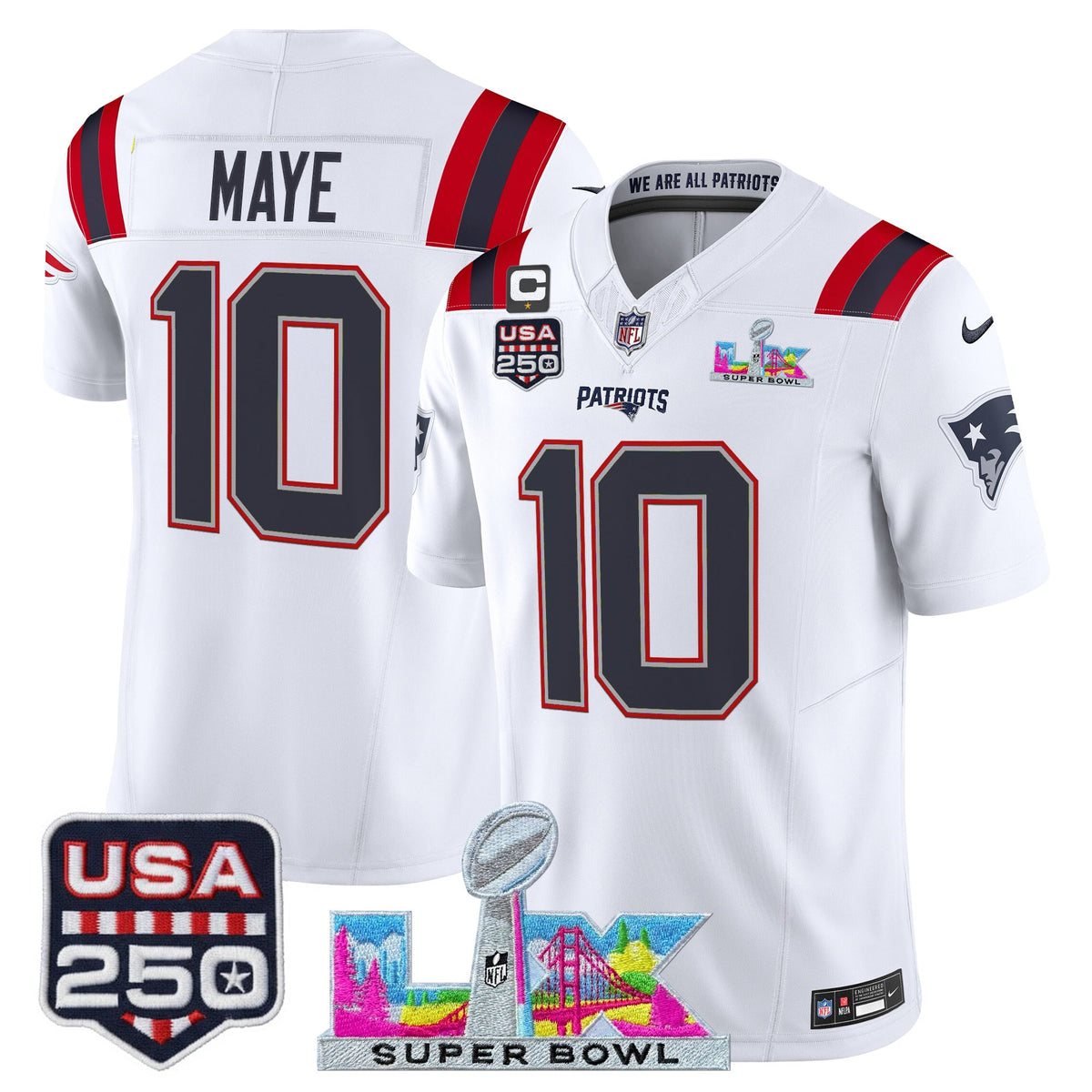 Men's New England Patriots Super Bowl LX & United States 250th Anniversary Patch Vapor Limited Jersey - All Stitched - White - Drake Maye — view 1