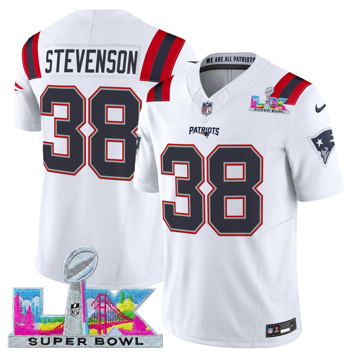 Men's New England Patriots Super Bowl LX Vapor Limited Jersey - All Stitched - White - Rhamondre Stevenson — view 1