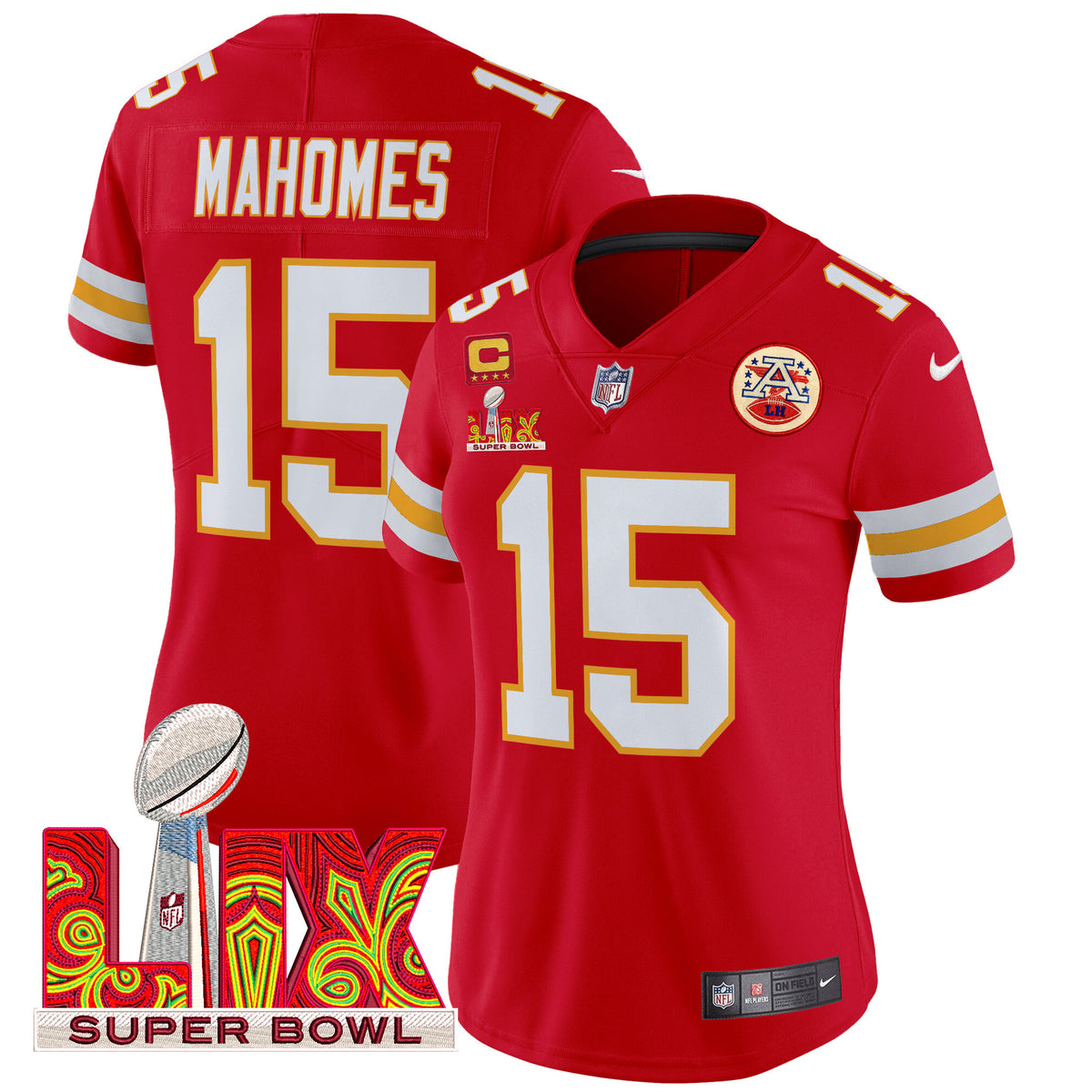 Women's Chiefs Super Bowl LIX Patch Vapor Limited Jersey - All Stitched - Red - Patrick Mahomes — view 1