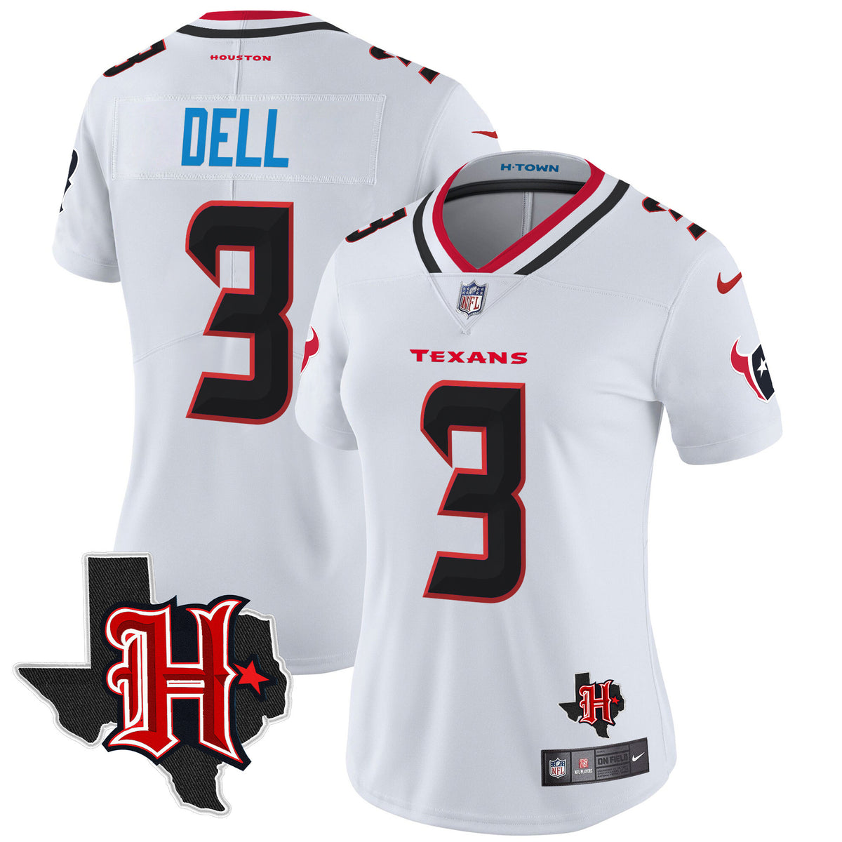 Women's Houston Texans 2024 Texas Patch Vapor Limited Jersey V5 - All Stitched - White - Tank Dell — view 1