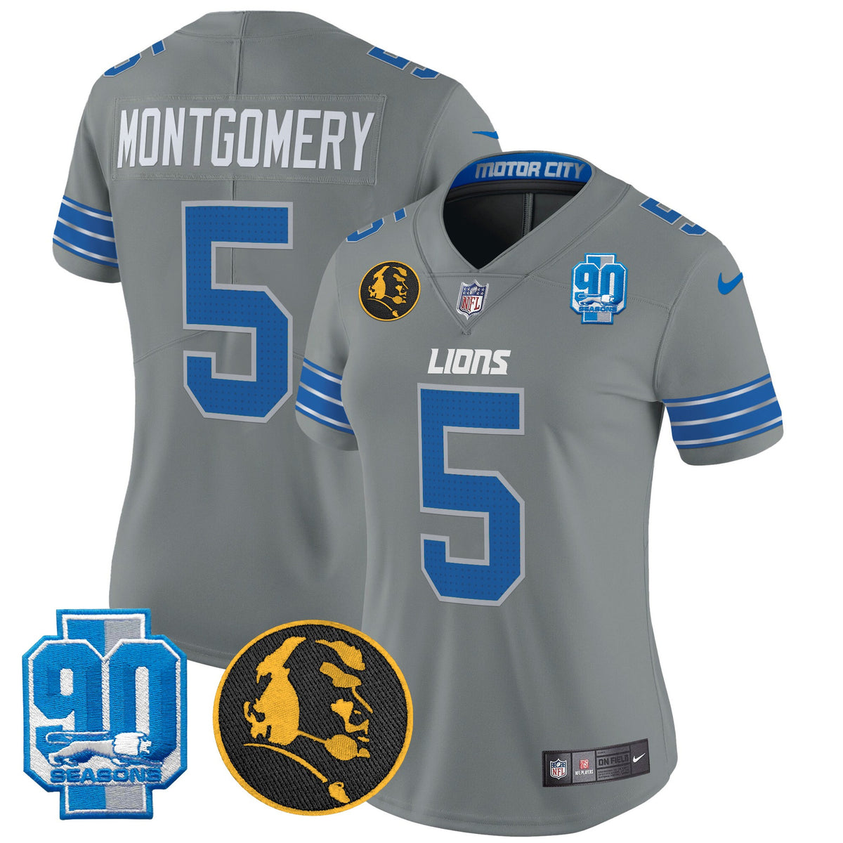 Women's Detroit Lions 2024 90th & John Madden Patch Vapor Limited Jersey - All Stitched - Gray - David Montgomery — view 1