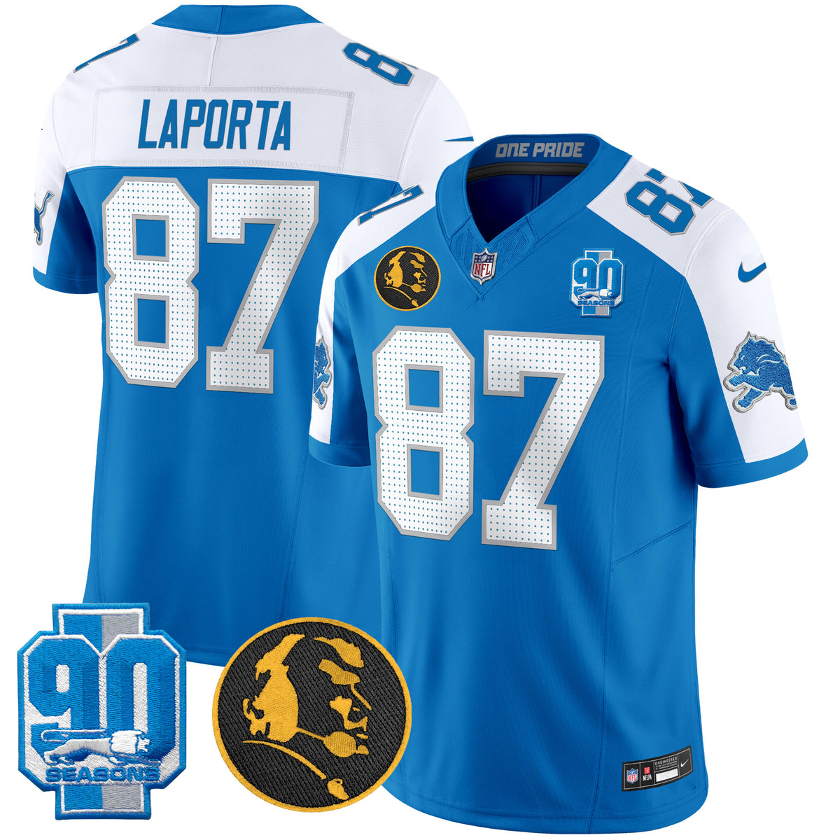 Men's Detroit Lions 2024 90th & John Madden Patch Vapor Limited Jersey V2 - All Stitched - Blue Alternate - Sam Laporta — view 1
