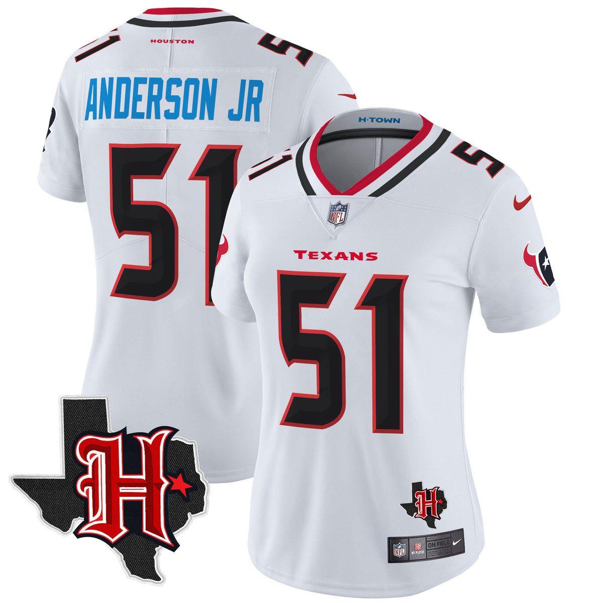 Women's Houston Texans 2024 Texas Patch Vapor Limited Jersey V5 - All Stitched - White - Will Anderson Jr — view 1
