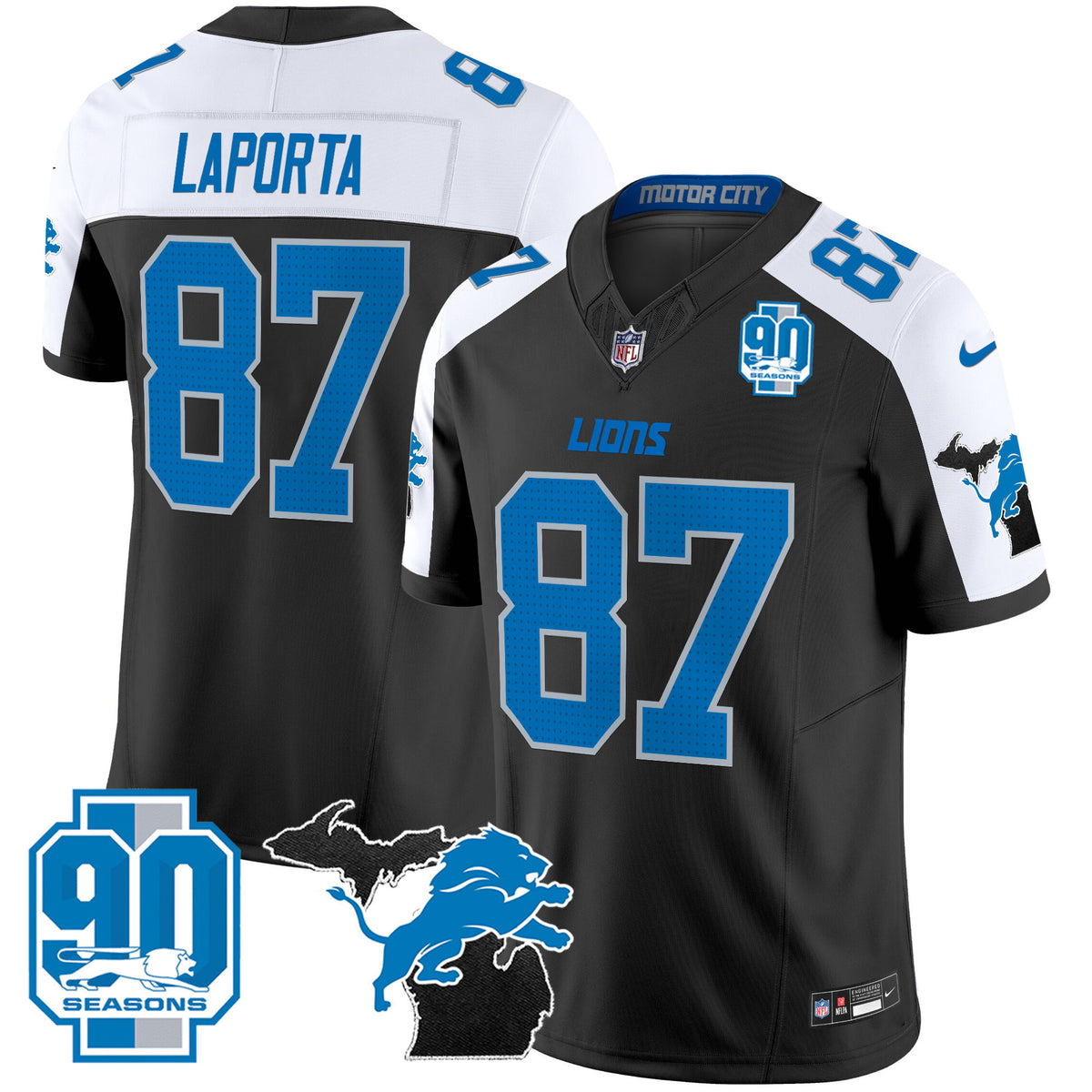 Men's Detroit Lions 2025 Michigan & 90th Year Patch Vapor Jersey - All Stitched - Alternate - Sam Laporta — view 1