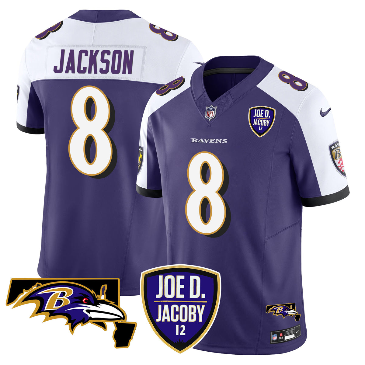 Men's Ravens Joe D & Jacoby Patch Vapor Limited Jersey - All Stitched - Purple Alternate - Lamar Jackson — view 1