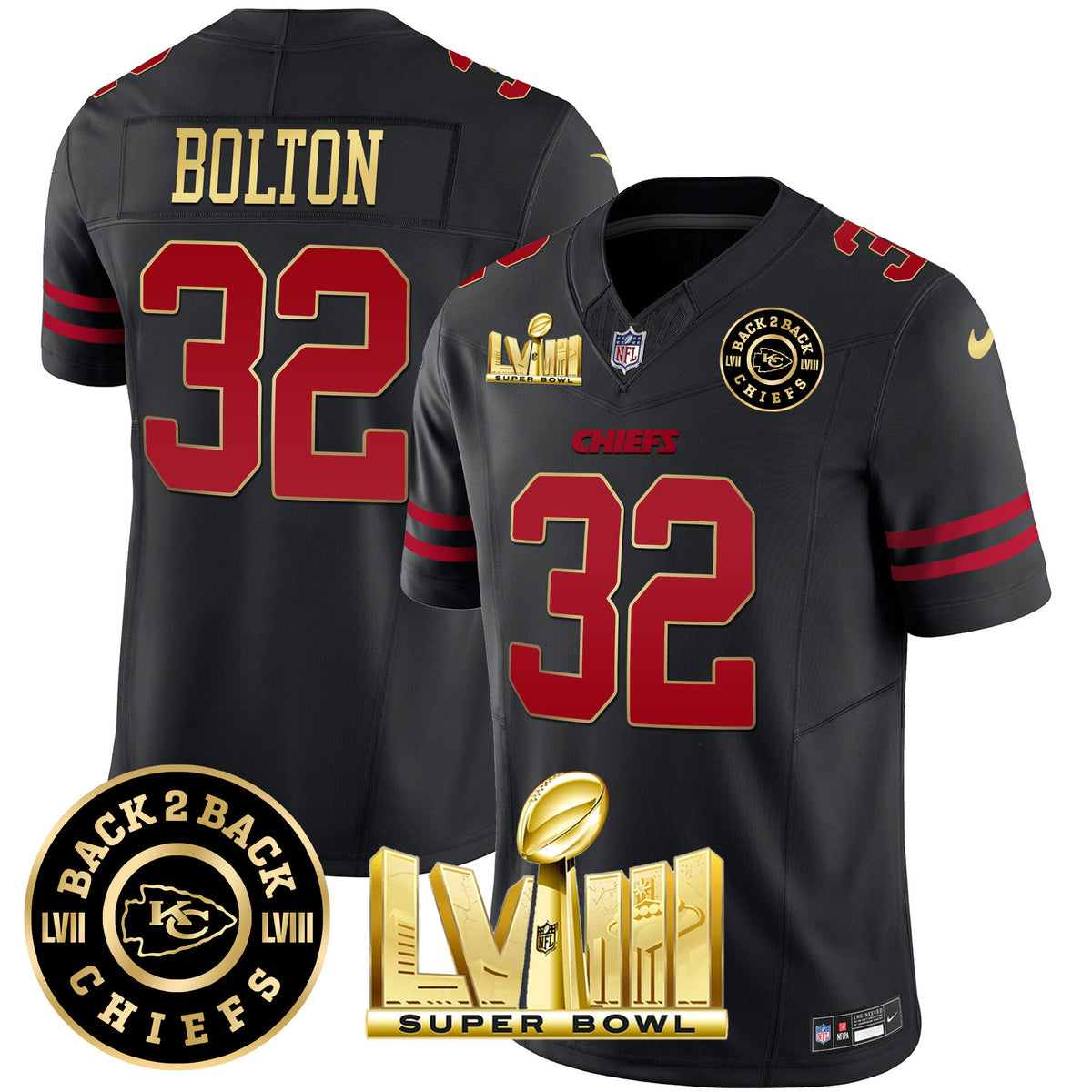 Men's Chiefs Super Bowl LVIII & Back 2 Back Patch Vapor Jersey V3 - All Stitched - Gold Trim - Nick Bolton — view 1