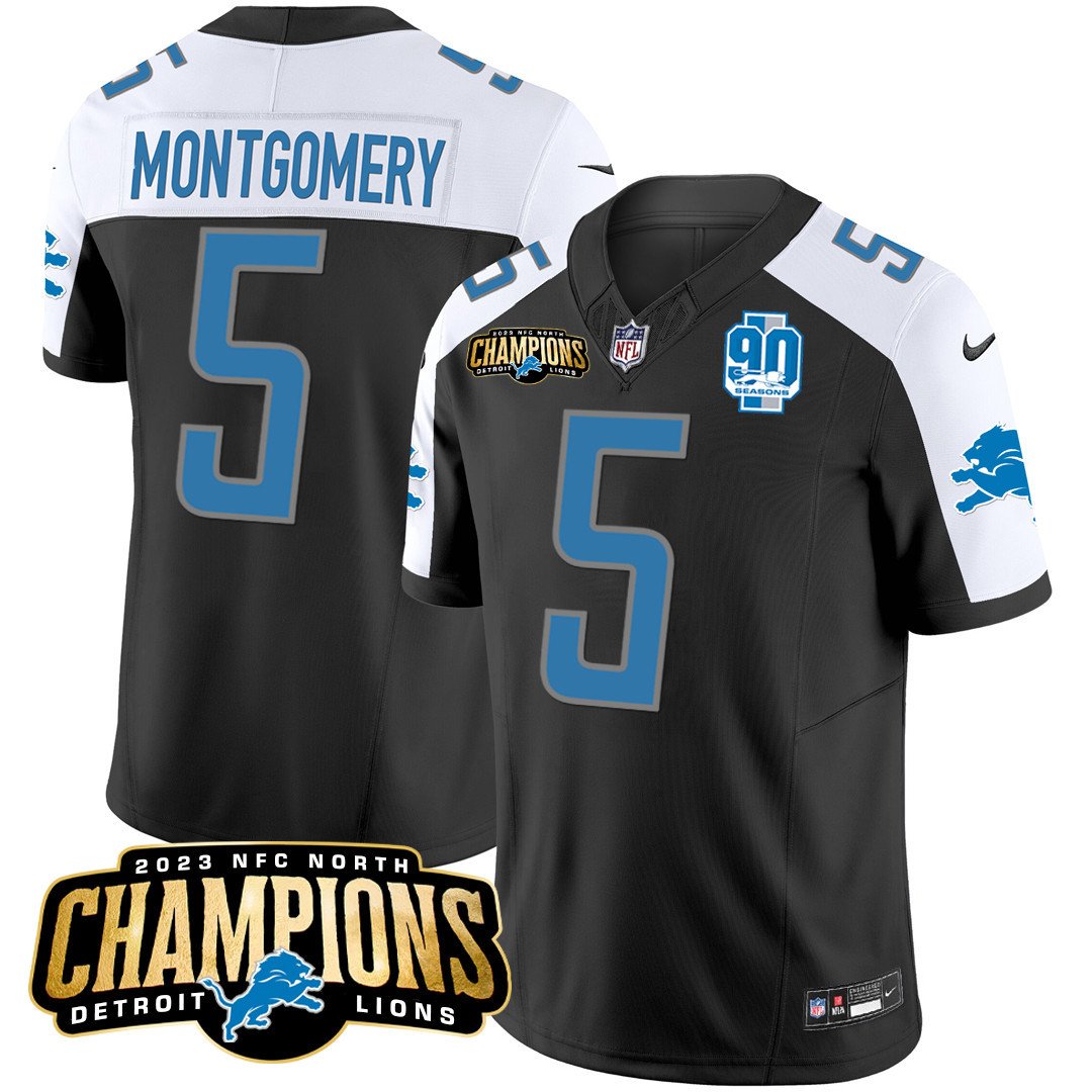 Men's Detroit Lions 2023 NFC North Champions Patch Vapor Jersey V2 - All Stitched - Black Alternate - David Montgomery — view 1