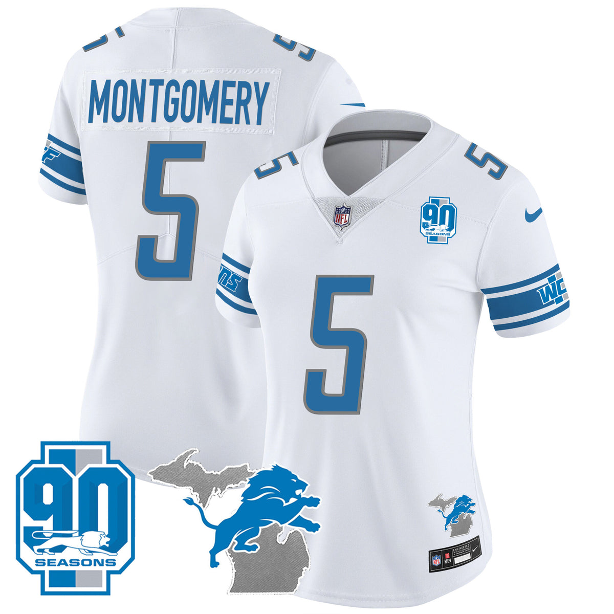 Women's Detroit Lions 90th Year & Michigan Patch Vapor Jersey - All Stitched - White - David Montgomery — view 1