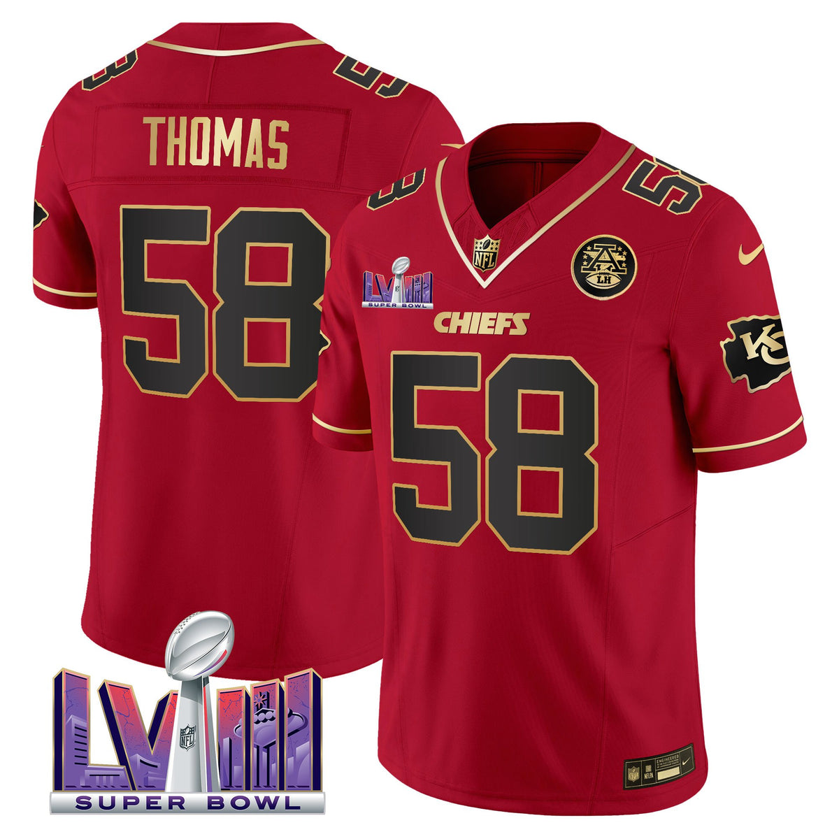 Men's Chiefs Super Bowl LVIII Patch Vapor Jersey V4 - All Stitched - Red Special - Derrick Thomas — view 1