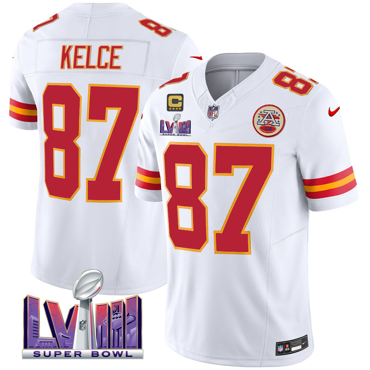Men's Chiefs Super Bowl LVIII Patch Vapor Jersey - All Stitched - White - Travis Kelce — view 1