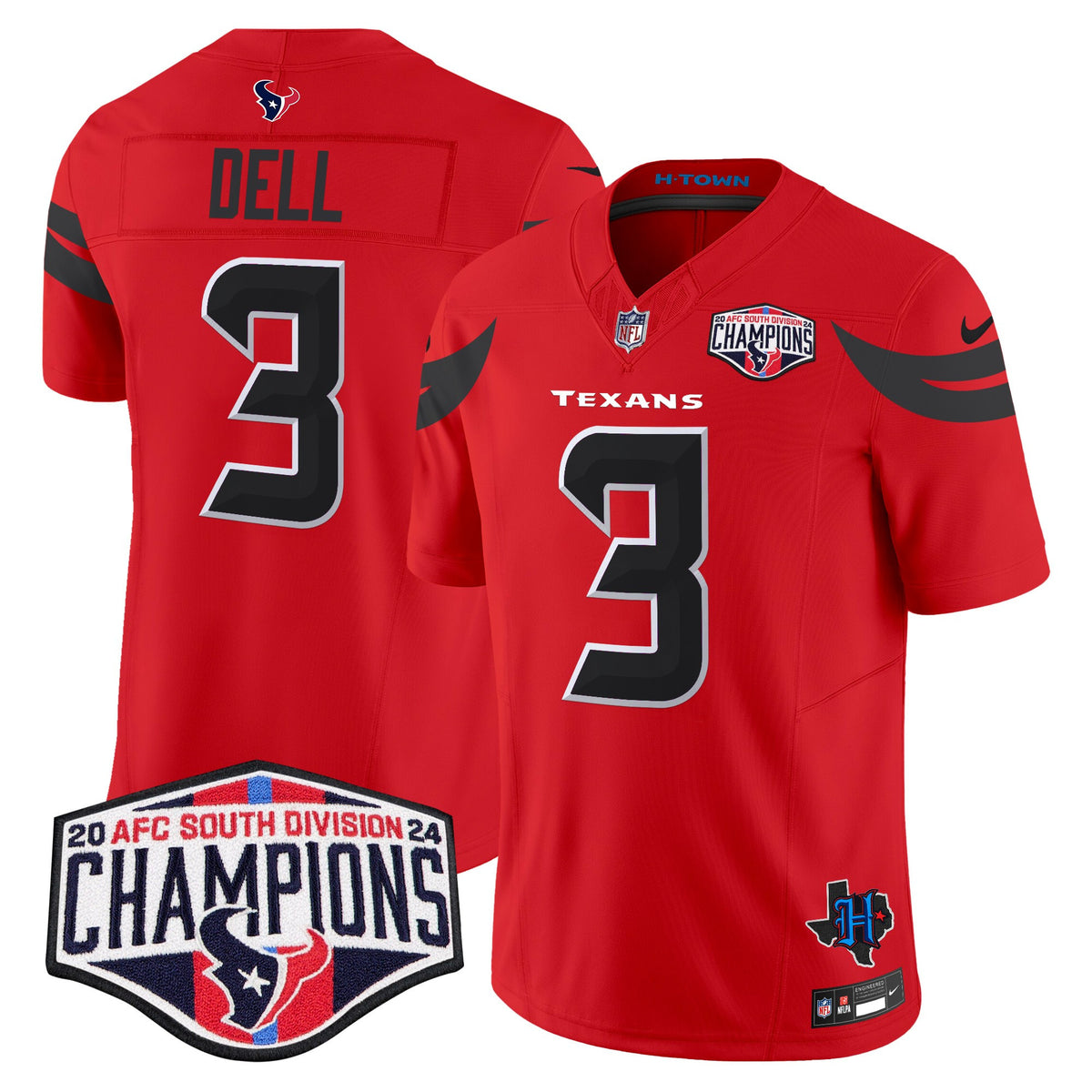 Men's Houston Texans 2024 AFC South Division Champions Patch Vapor Limited Jersey - All Stitched - Red - Tank Dell — view 1