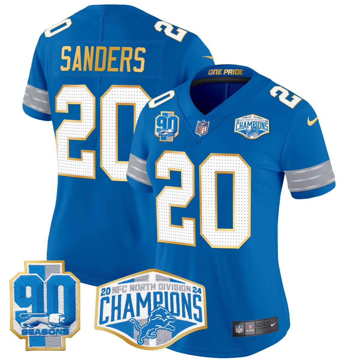 Women's Detroit Lions 2024 NFC North Division Champions Patch Gold Trim Vapor Limited Jersey - All Stitched - Blue - Barry Sanders — view 1