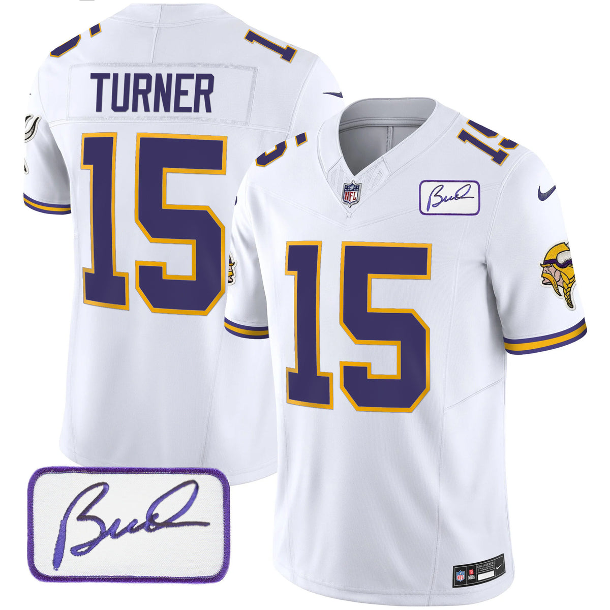 Men's Vikings Bud Grant Patch Classic Limited Jersey V3 - All Stitched - White - Dallas Turner — view 1