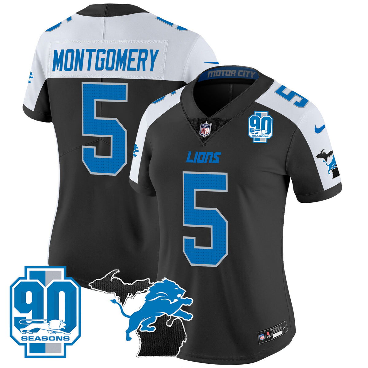 Women's Detroit Lions 2024 Michigan & 90th Year Patch Vapor Jersey - All Stitched - Alternate - David Montgomery — view 1