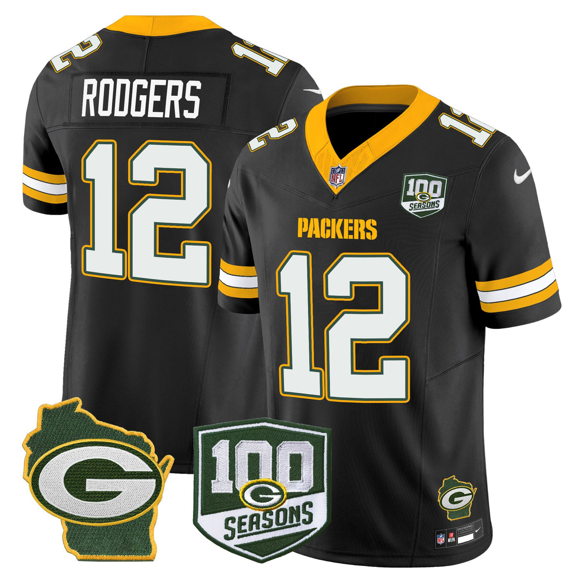 Men's Green Bay Packers 100th Season & Home Patch Vapor Limited Jersey - All Stitched - Black - Aaron Rodgers — view 1