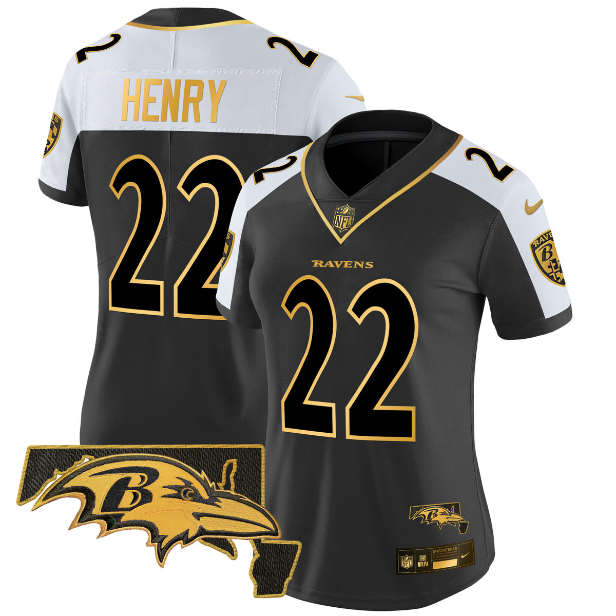 Women's Ravens Maryland Patch Gold Vapor Limited Jersey V2 - All Stitched - Alternate - Derrick Henry — view 1