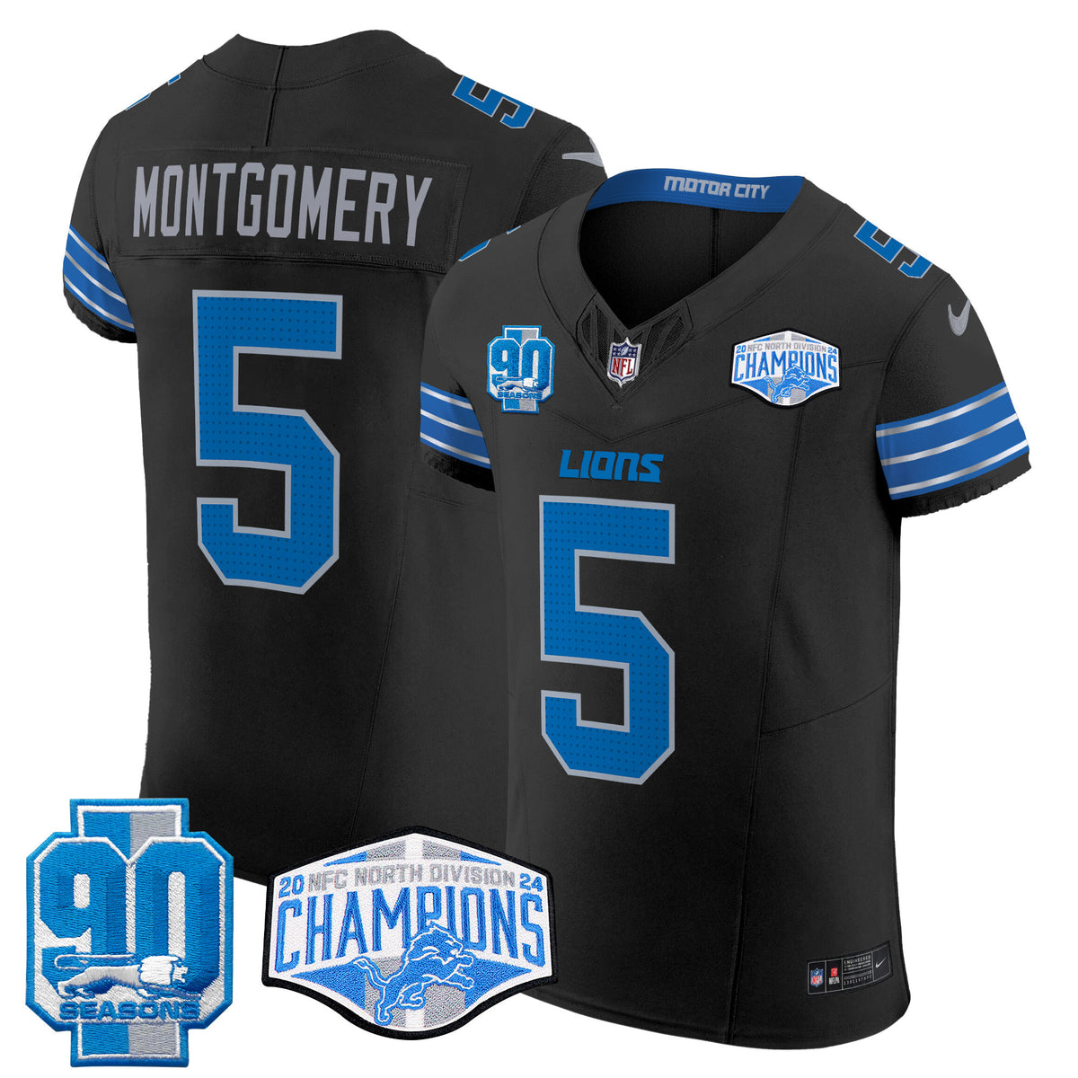 Men's Detroit Lions 2024 NFC North Division Champions Patch Vapor Elite Jersey - All Stitched - Black - David Montgomery — view 1