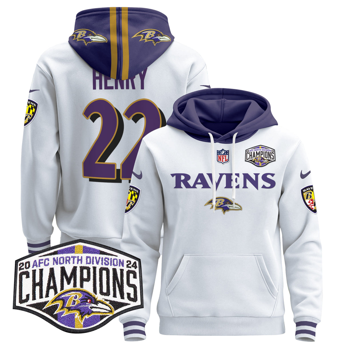 Men's Baltimore Ravens 2024 AFC North Division Champions Patch Pullover Hoodie - All Stitched - White - Derrick Henry — view 1