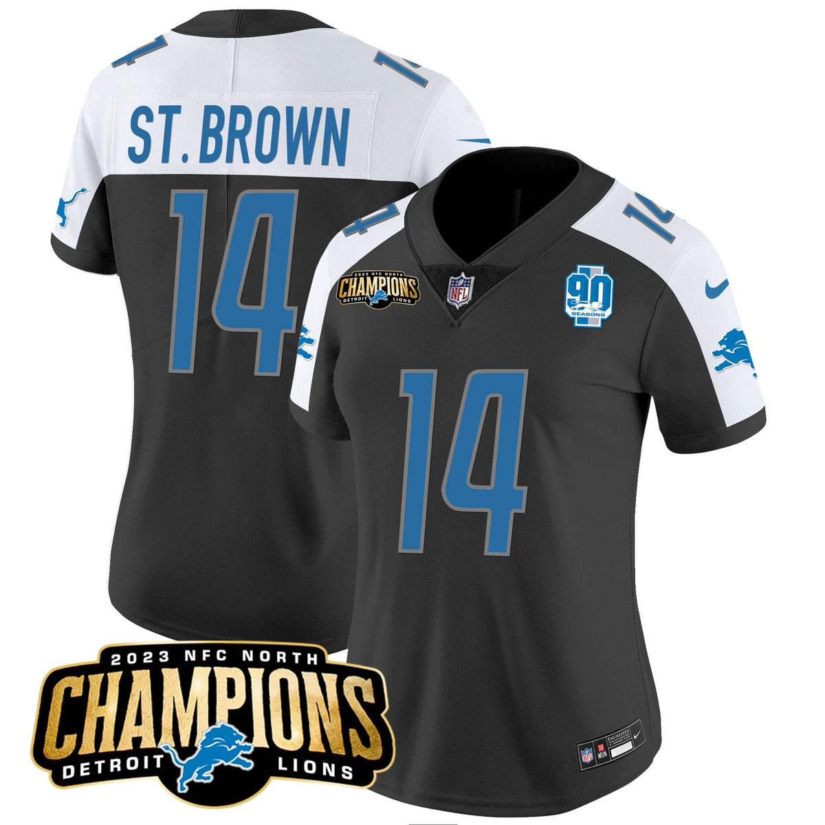 Women's Detroit Lions 2023 NFC North Champions Patch Vapor Jersey V2 - All Stitched - Black Alternate - St. Brown — view 1
