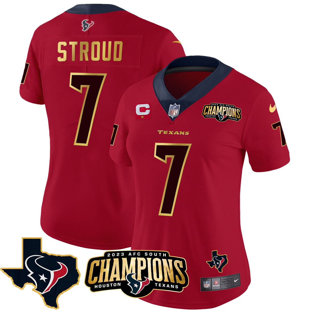 Women's Houston Texans 2023 AFC South Champions Patch Gold Trim Vapor Jersey - All Stitched - Red - C.J. Stroud — view 1