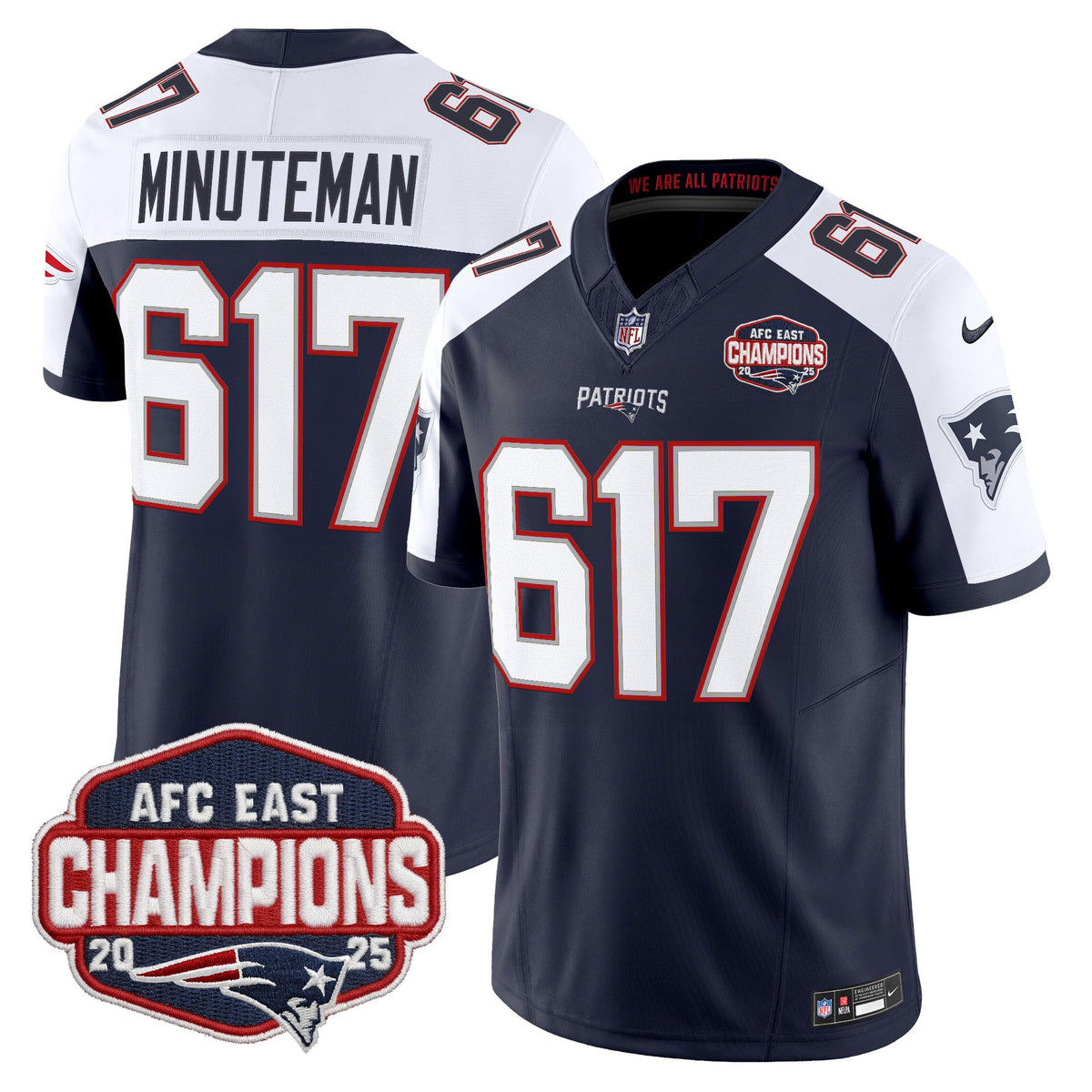Men's New England Patriots 2025 AFC East Division Champions Vapor Limited Jersey - All Stitched - Navy Alternate - Minuteman 617 — view 1