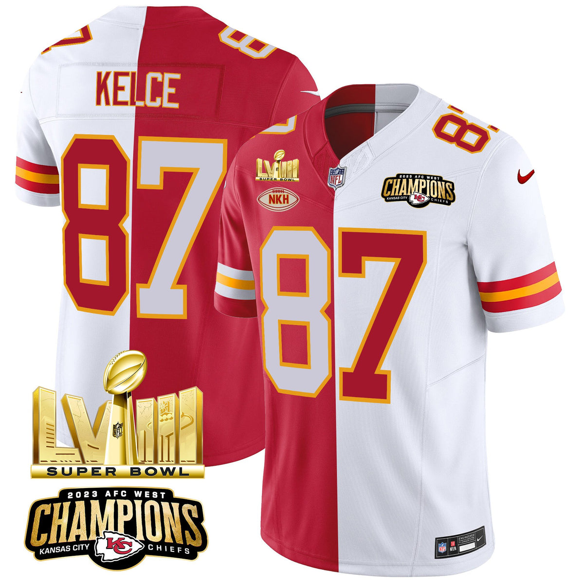 Men's Chiefs AFC West Champions & Super Bowl LVIII Gold Patch Vapor Jersey V2 - All Stitched - Split - Travis Kelce — view 1