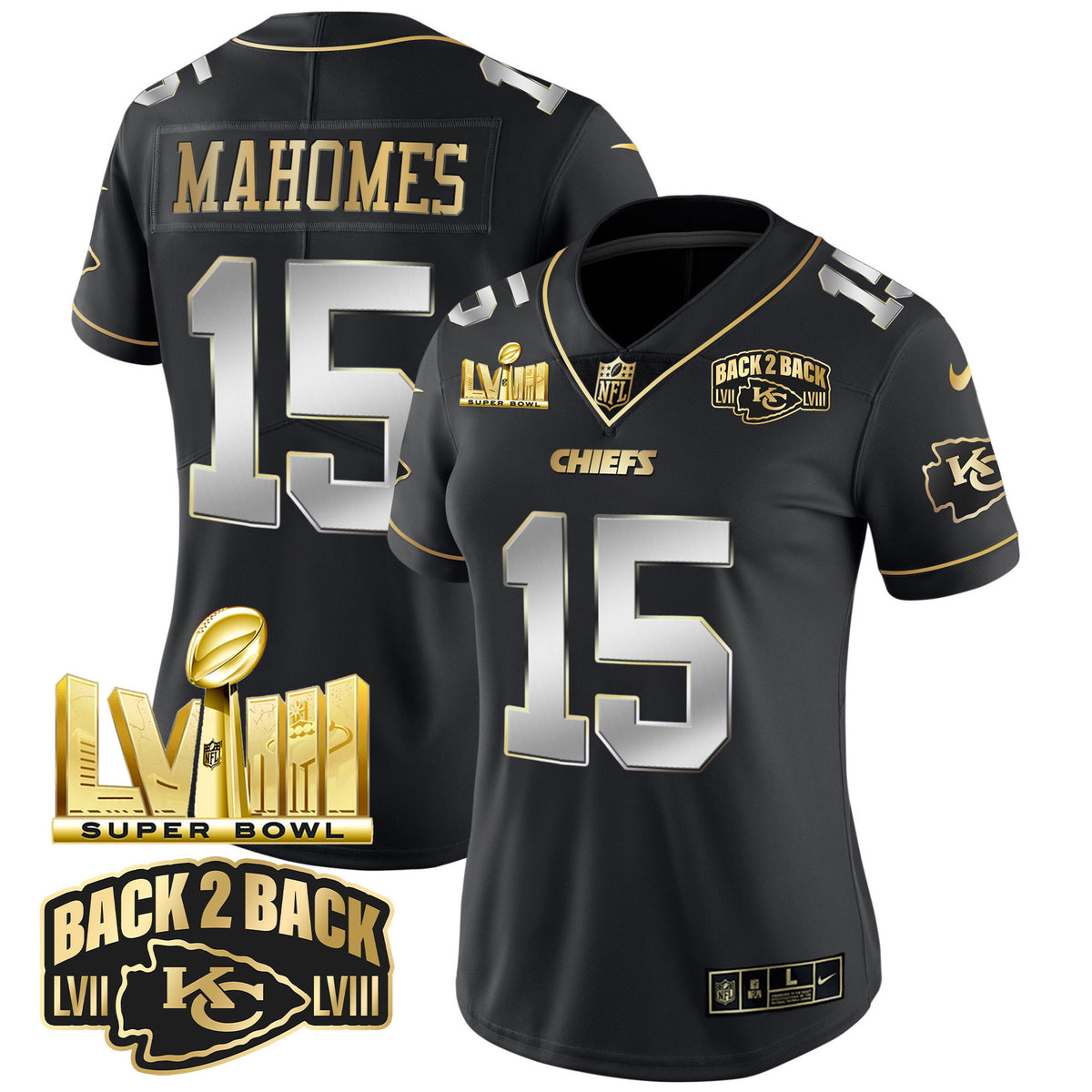 Women's Chiefs Super Bowl LVIII & Back 2 Back Gold Patch Vapor Jersey V2 - All Stitched - Black Limited - Patrick Mahomes — view 1