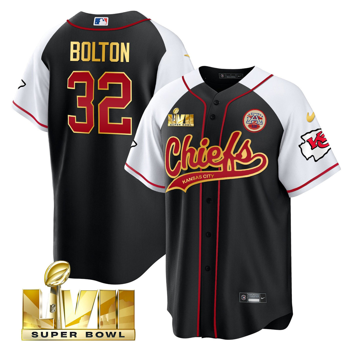 Men's Chiefs Super Bowl LVII Alternate Cool Base Jersey - All Stitched - Black Gold Trim - Nick Bolton — view 1