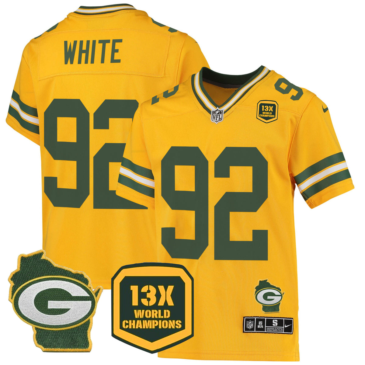 Men's Packers 13 Time World Champions & Home Patch Game Jersey – All Stitched - Gold - Reggie White — view 1