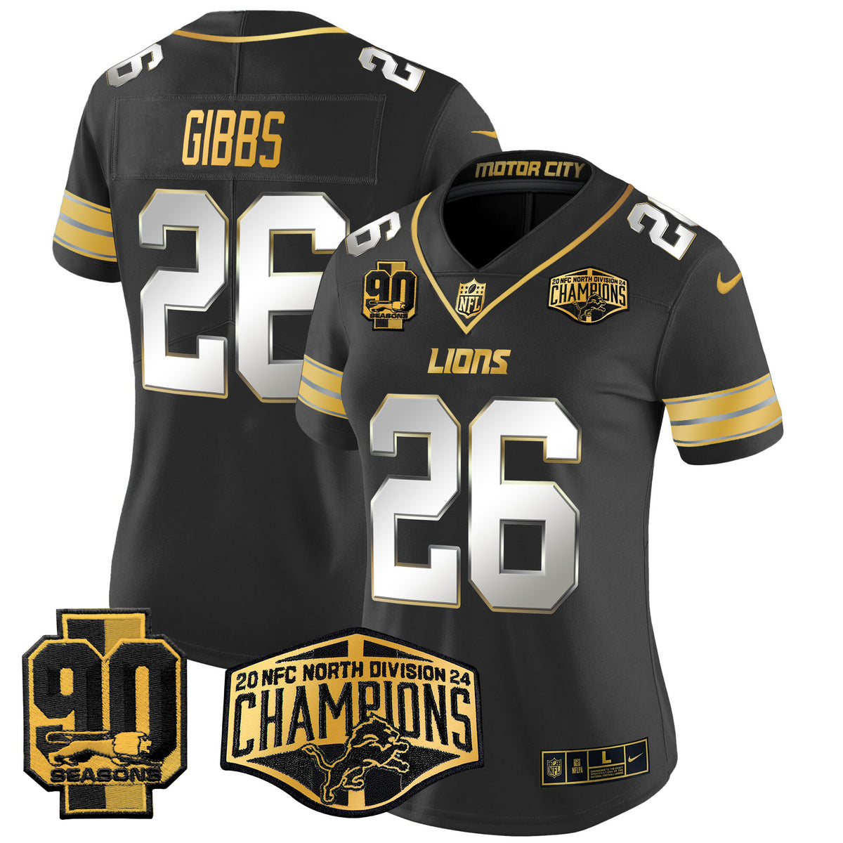 Women's Detroit Lions 2024 NFC North Division Champions Patch Gold Vapor Limited Jersey - All Stitched - Black Limited - Jahmyr Gibbs — view 1