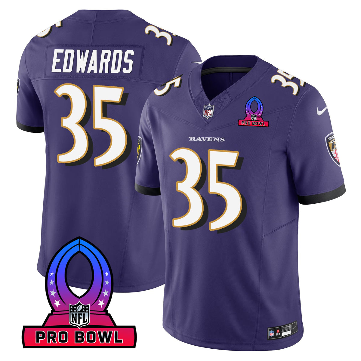 Men's Ravens 2024 Pro Bowl Patch Vapor Jersey - All Stitched - Purple - Gus Edwards — view 1