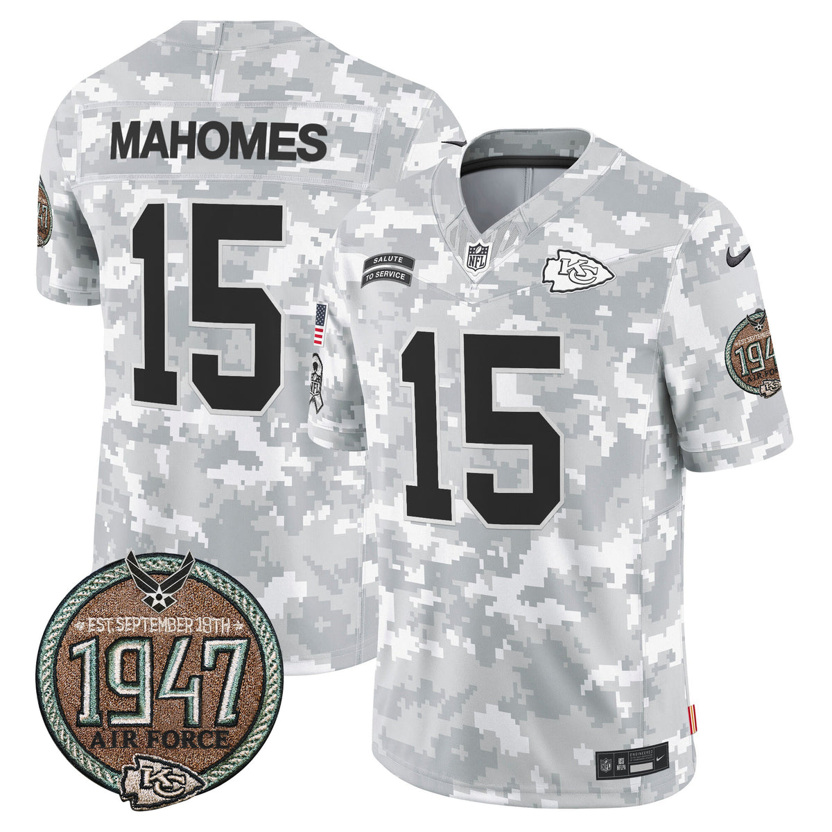 Men's Chiefs 2024 Salute to Service Establishment Year Patch Vapor Limited Jersey - All Stitched - Air Force - Patrick Mahomes — view 1