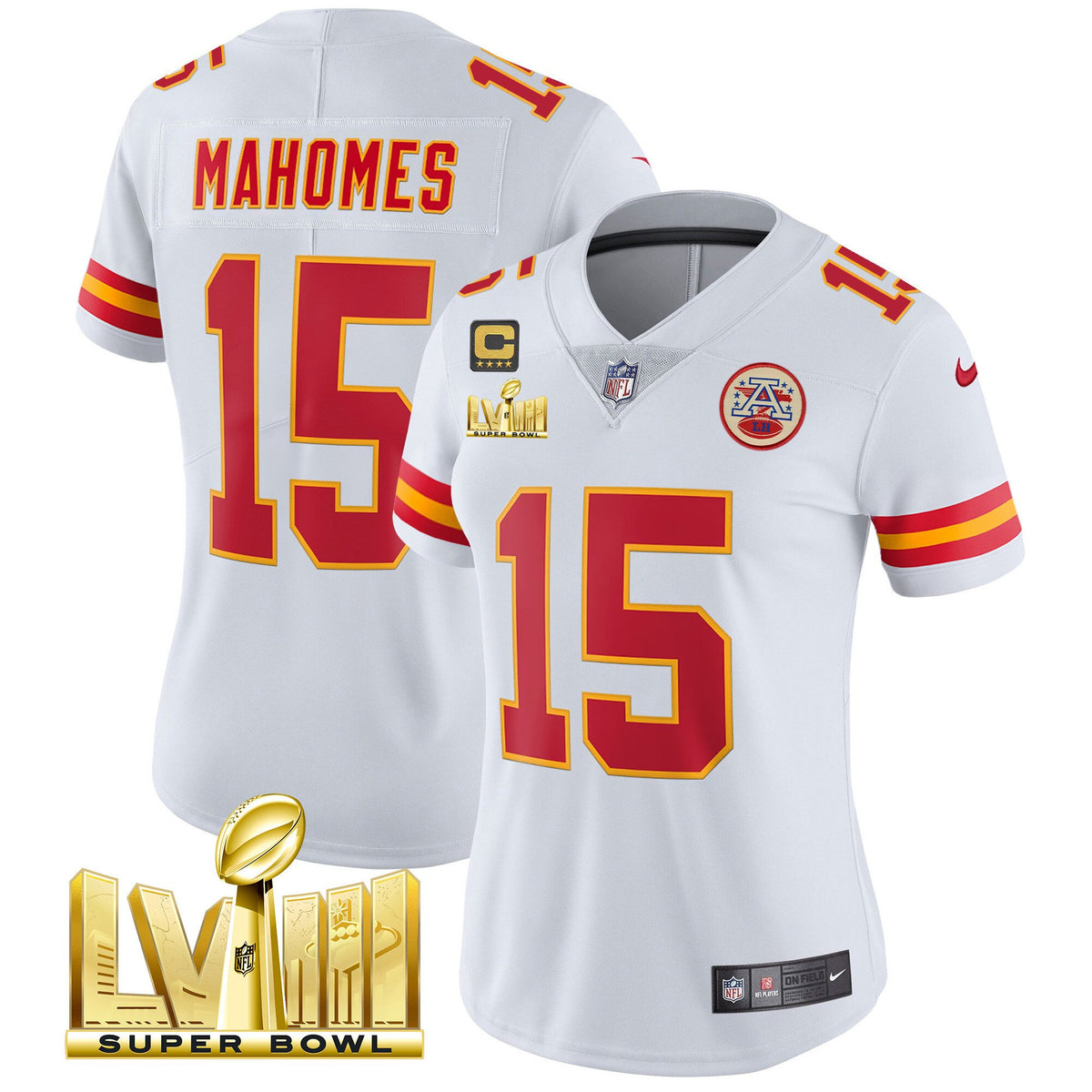 Women's Chiefs Super Bowl LVIII Gold Patch Vapor Jersey - All Stitched - White - Patrick Mahomes — view 1