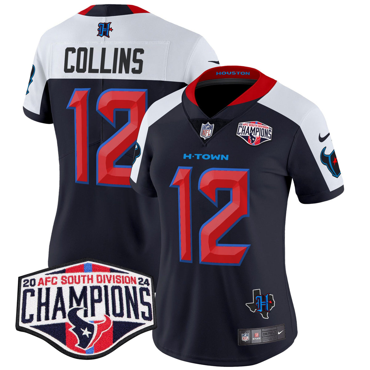 Women's Houston Texans 2024 AFC South Division Champions Patch Vapor Limited Jersey - All Stitched - Navy Alternate - Nico Collins — view 1