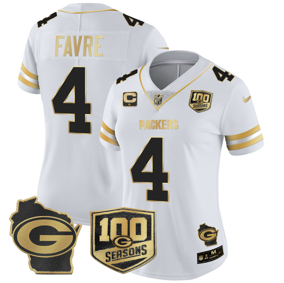 Women's Packers 100th Season & Home Patch Gold Vapor Limited Jersey – All Stitched - White Gold - Brett Favre — view 1