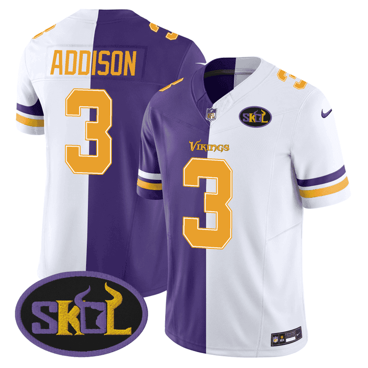 Men's Minnesota Vikings SKOL Patch Purple White Split Jersey - All Stitched - Jordan Addison - Split — view 1