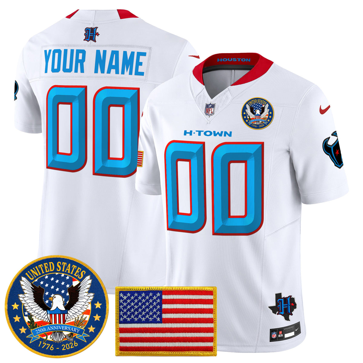 Houston Texans United States 250th Anniversary Patch Vapor Limited Custom Jersey - All Stitched - White — view 1