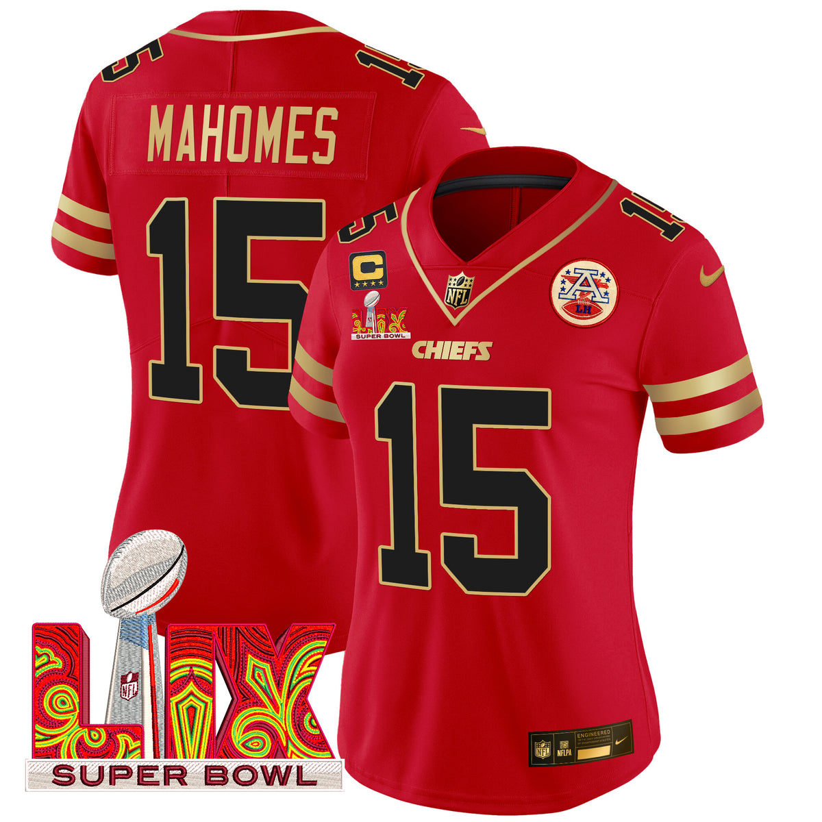 Women's Chiefs Super Bowl LIX Patch Gold Trim Vapor Limited Jersey - All Stitched - Red - Patrick Mahomes — view 1