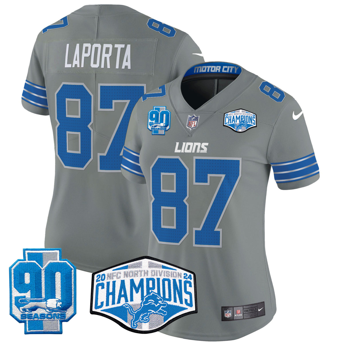 Women's Detroit Lions 2024 NFC North Division Champions Patch Vapor Limited Jersey - All Stitched - Gray - Sam Laporta — view 1
